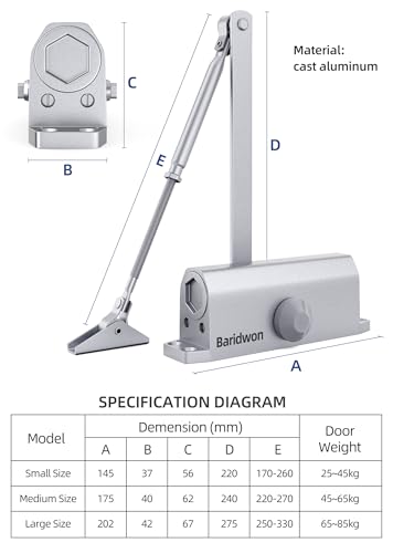 Commercial Grade Hydraulic Door Closer Large Size, Heavy Duty No Slam with Hold Open, Silver - size: Large, style: Silver
