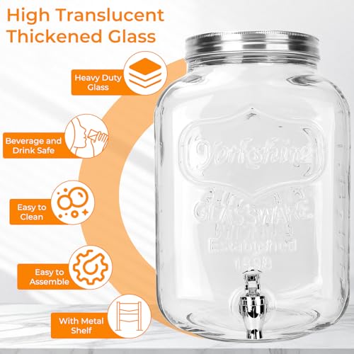 1 Pack 2 Gallon Glass Drink Dispensers with Stand, Ice Core, Spigot - size: 2 Gallon with Aluminum lid