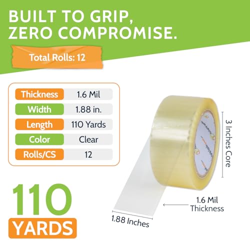 PSBM Clear Packing Tape, 12 Rolls, 1.6 Mil Thick, 1.88 Inch Wide, 110 Yards Per Roll, Total 1320 Yards, Heavy Duty Tape for Packaging, Shipping, Moving & Sealing - size: 12 Rolls