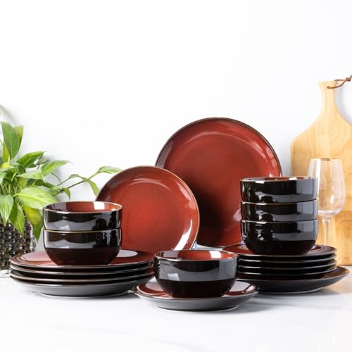 LeRatio Ceramic Dinnerware Sets for 6,18Pcs Porcelain Plates and Bowls Set - color: Dreamy Moonlight-Red, size: Service for 6-18pcs