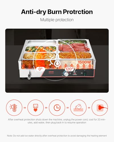 VEVOR Commercial Food Warmer, 1500W Electric Stainless Steel Steam Food Warming with Lid, 6-Pan Fast Heating Countertop Buffet Bain Marie with Power Cord, for Catering, Restaurant, Party & Buffets - size: 6*1/3Pan