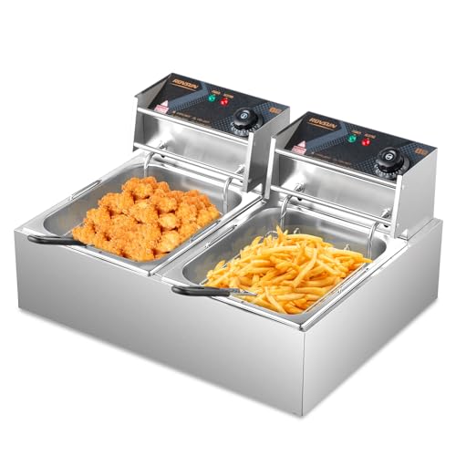 ROVSUN 22.8QT/21.6L Electric Deep Fryer, Commercial Deep Fryer with Baskets Lids Countertop, Stainless Steel Dual Tank Kitchen Fat Fryer Frying Machine for French Fries Donuts, Adjustable Temp, 3400W - size: 22.8QT