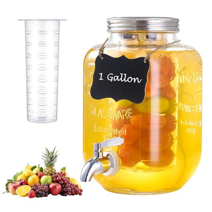 1 Gallon Glass Beverage Dispenser, Drink Dispenser With Fruit Infuser, Stainless Steel Spigot - Drink Dispensers for Parties, BBQ,Picnic,Weddings - size: 1 Gallon Single