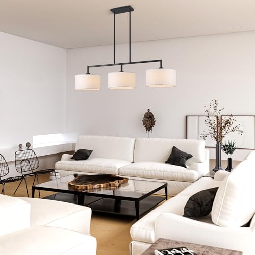 47" W Modern Linear Kitchen Island Pendant Light Fixture 3-Light White Linen Drum Shade Chandelier Black Metal Linear Chandeliers for Dining Room Farmhouse Hanging Light for Living Room, Bar, E26 - color: Black and White