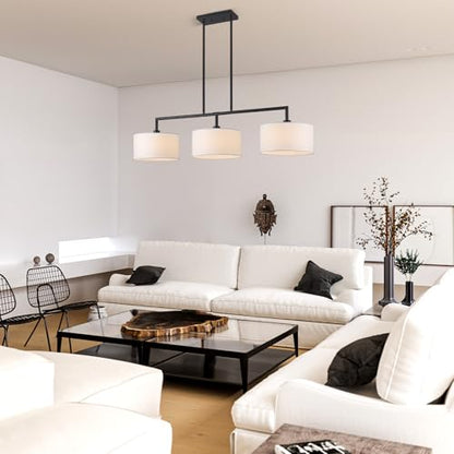 47" W Modern Linear Kitchen Island Pendant Light Fixture 3-Light White Linen Drum Shade Chandelier Black Metal Linear Chandeliers for Dining Room Farmhouse Hanging Light for Living Room, Bar, E26 - color: Black and White
