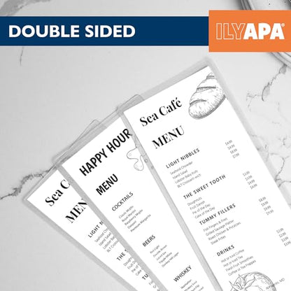 Ilyapa Restaurant Menu Covers 4.25 x 11 Inch - 30 Pack, Single Page, 2 View Clear Sleeves Holder for Restaurant, Durable PVC Hard Plastic Menu Holder - color: Clear, size: 4.25 x 11