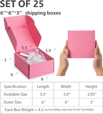 6x6x3 inch Pink Shipping Boxes for Small Business- Set of 25 - color: Pink, size: 6x6x3