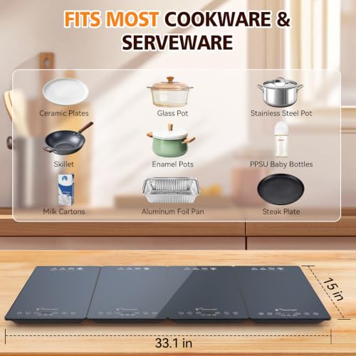 Warming Tray with Independent Temperature & Timer Control 33" x 15" Electric Warming Tray for Buffets Party Food Warmer with 17 Heat Levels 12H Timer Child Lock for Family Dinners Catering - size: 4 Panels（33" x15"）