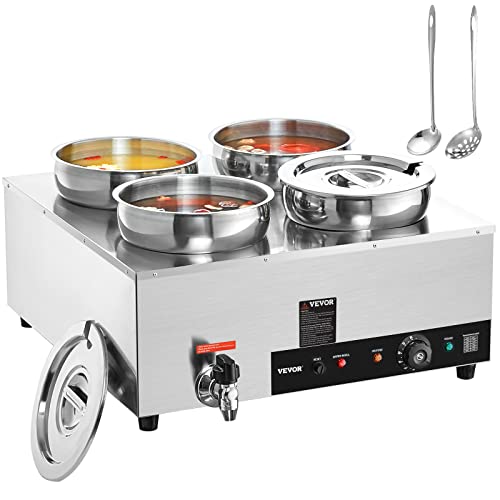 ETL Listed VEVOR Electric Soup Warmer, Four 7.4QT Stainless Steel Round Pot 86~185°F Adjustable Temp, 1500W Commercial Bain Marie with Anti-Dry Burn, Soup Station for Restaurant, Buffet, Silver - size: 4×7L Pots