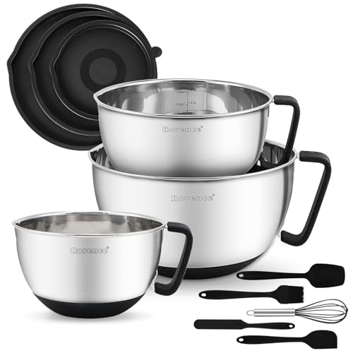 Rorence Stainless Steel Mixing Bowls: Metal Mixing Bowl Set with Lids and Handles Non-slip Silicone Bottom Nesting Bowls for Kitchen Set of 3 - Black - color: Black