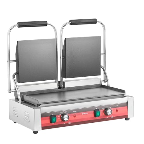 EGGKITPO Commercial Dual Panini Press with 2 Flat Plates Electric Panini Grill with Temperature Control and Handle 19.5" ×9.4" Large Cast Iron Sandwich Maker for Kitchen Business 110V 3400W - size: 19.5”×9.4" Smooth Plate