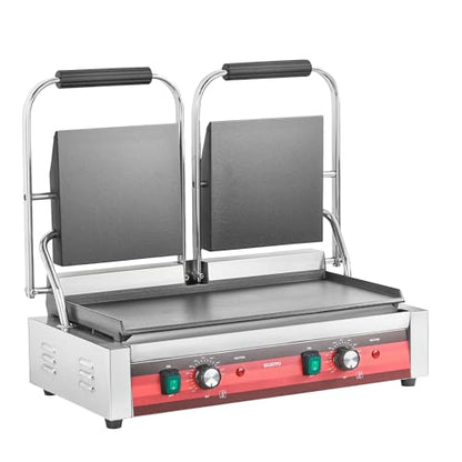 EGGKITPO Commercial Dual Panini Press with 2 Flat Plates Electric Panini Grill with Temperature Control and Handle 19.5" ×9.4" Large Cast Iron Sandwich Maker for Kitchen Business 110V 3400W - size: 19.5”×9.4" Smooth Plate