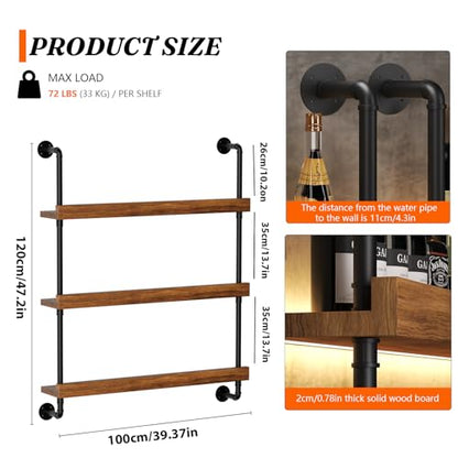 Large Wine Rack Wall Mounted with LED Light, Solid Wood Bar Shelves Wall Mounted, 3-Tiers Liquor Bottles Floating Shelves Display Storage Organizer for Home Bar, Dining Room (39.7 inch) - size: 39.7 inch