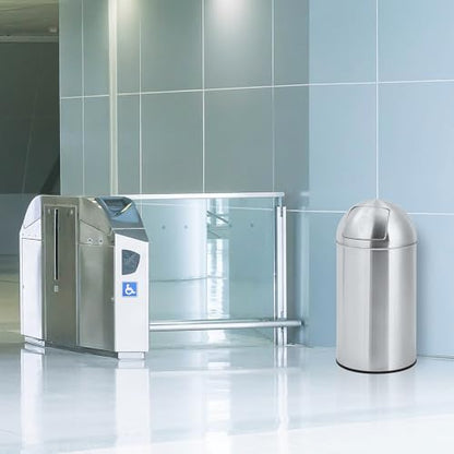 Heavy Duty Stainless Steel Public Trash Can – 13 Gallon (50l), Push Lid & Removable Inner Metal Bucket, Fingerprint-Proof, Durable Cylindrical Bin for Commercial and Public Spaces
