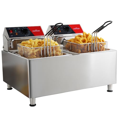 CROSSON ETL Listed 30Lbs Dual Tank Electric Commercial Deep Fryer with Solid Basket,Lid and Height Adjustable Legs for Restaurant Use,8L×2 Commercial Countertop Deep Fryer-120V/3600W(30Amps) - size: 30Lbs Dual Tank