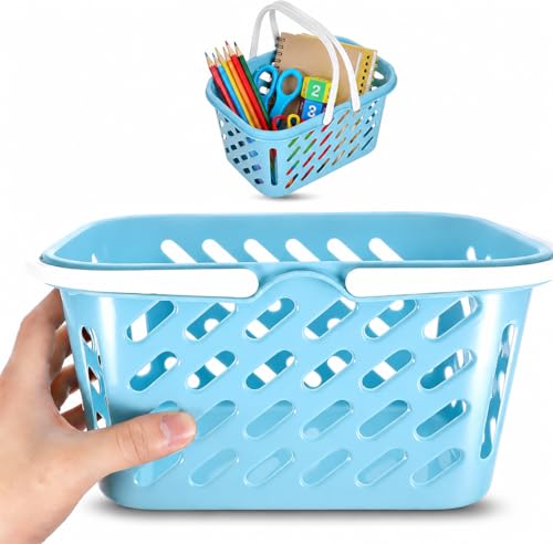 NUOBESTY 1Pc Shopping Basket Toy, Mini Grocery Bin with Handles Kids Pretend Play Blue Plastic Basket for Role Play, Toy Storage, Party Favors (10.24 x 6.69 x 5.12 in)