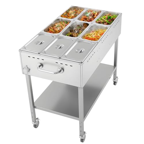 VEVOR 9-Pan Commercial Propane Steam Table, LP Gas Outdoor Soup Warmer with Drain Valve and 3" Wheels, Stainless Steel Propane Food Warmer with Adjustable Temperature, for Restaurant Outdoor Camping - size: 9×1/3 Pan;72QT