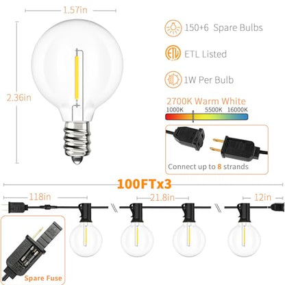Svater 300 FT Outdoor String Lights for Outside Patio 156 Bulbs Waterproof - size: 300FT
