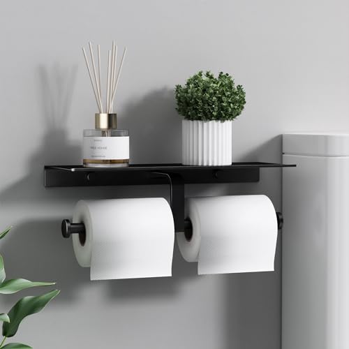 Danpoo Matte Black Toilet Paper Holder with Shelf, Wall-Mounted Bathroom Organizer, Double Roll - color: Black
