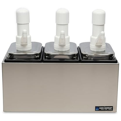 San Jamar CFS Jamar P9713 Stainless Steel Condiment Pump Service Center with 3 Wells Black Jars, 14" Length x 7-7/8" Width x 12-1/2" Height - style: 3 Pumps
