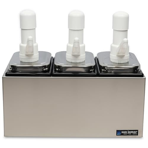 San Jamar CFS Jamar P9713 Stainless Steel Condiment Pump Service Center with 3 Wells Black Jars, 14" Length x 7-7/8" Width x 12-1/2" Height - style: 3 Pumps