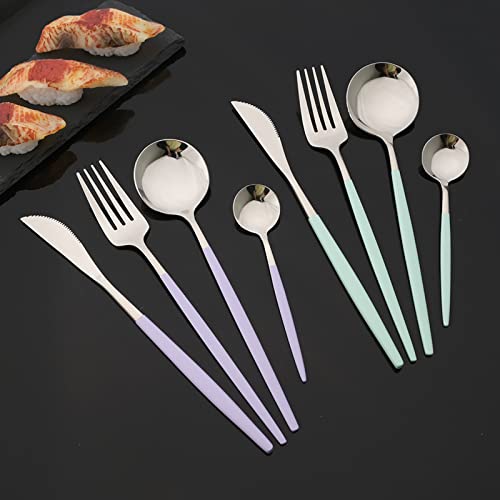 JASHII Flatware Set 24 Piece, Stainless Steel Silverware Set, Macaron Small Fresh Color Cutlery Set, Modern Elegant Tableware Set for Party, Christmas, Dinner (Purple Silver) - color: Purple Silver