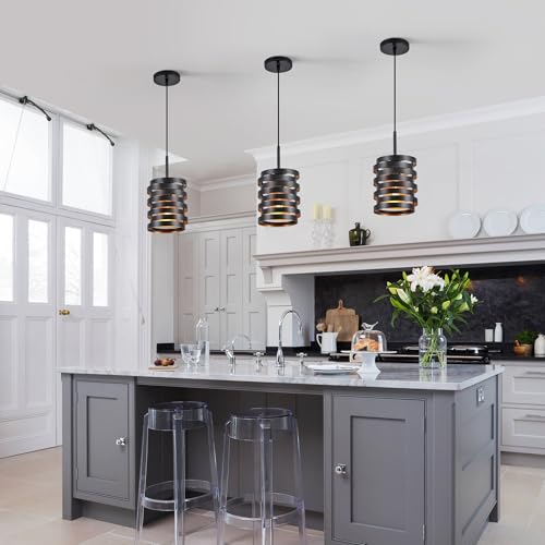 CNRATYE Modern Farmhouse Pendant Lights Kitchen Island, Industrial Multiple Rings Hanging Pendant Light Fixtures for Sink Bar Entrance Bathroom Hallway, Black with Gold Interior - size: 1-Light