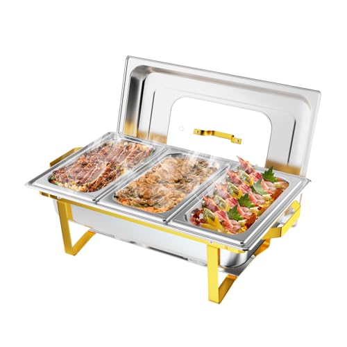 ROVSUN Gold Chafing Dishes for Buffet, 9QT Chafing Dish Buffet Set with Glass Lid, Stainless Steel Buffet Servers and Warmers with Folding Frame & 3 1/3 Size Pan for Parties Weddings Catering Events - size: 1/3 Size Food Pan