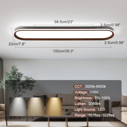 ADISUN Modern LED Ceiling Light Dimmable Linear Ceiling Light 39.4in Semi Flush Mount Long Lights with Remote Control and Side Lighting for Living Room Kitchen Dining Room Walnut - color: Walnut-1Pack, size: 39 Inch