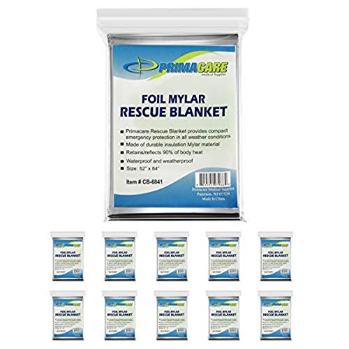 Primacare HB-10 Emergency Mylar Thermal Blankets – 10 Pack, 84" x 52", Silver – Reflective, Waterproof, Retains 90% Body Heat – for Survival, First Aid, Outdoors, Camping, EMS - color: Silver