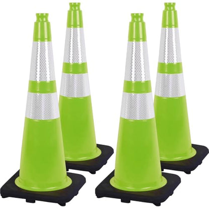 Fluorescent Orange/Green PVC Traffic Cones, Heavy Black Base Parking Lot Cone Structurally Stable Weatherproof Road Construction Safety Cones (4, Green, 28" Large) - size: 28" Large
