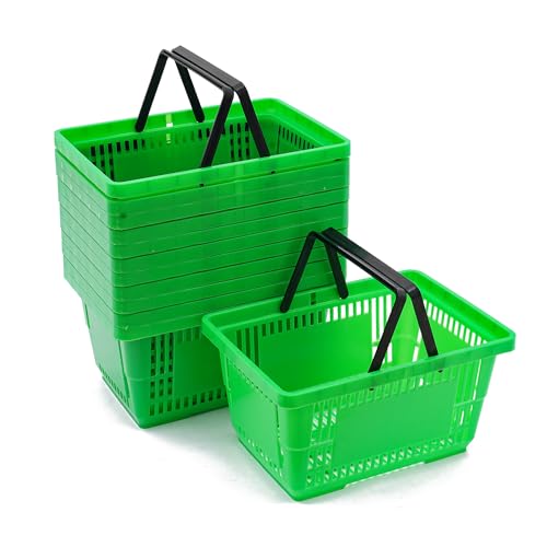 12 Pcs Shopping Baskets 28L 7.4Gal Plastic Shopping Baskets with Handles, Portable Grocery Basket for Supermarket Retail Shop Book Store Laundry, 18.9x13x10.2 Inch (Green) - color: Green