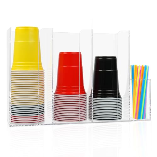4 Compartments Acrylic Cup and Lid Holder, Clear Disposable Coffee Cup Holder Organizer,Cup Dispenser for Kitchen Bar Shop Party Supplies