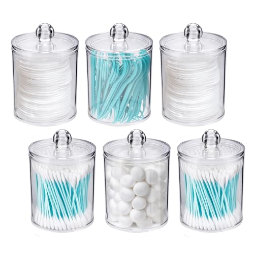 WEISHI 6 Pack Qtip Holder Dispenser -Cotton Ball, Swab, Round Pads, Floss , Small Clear Plastic Apothecary Jar Containers with Lids for Bathroom Storage and Organization, Vanity Organizer - color: Clear - 10oz*3 & 12oz*3