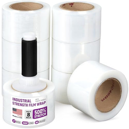 3" x 1000' Industrial Strength Stretch Wrap, Ready to Use Pack of 8 Mini Rolls with one Handle, Clear Plastic Film, 80 Gauge Thick, 500% Elongation – Heavy-Duty Shrink Wrap for Moving, Packing - style: Pack of 8