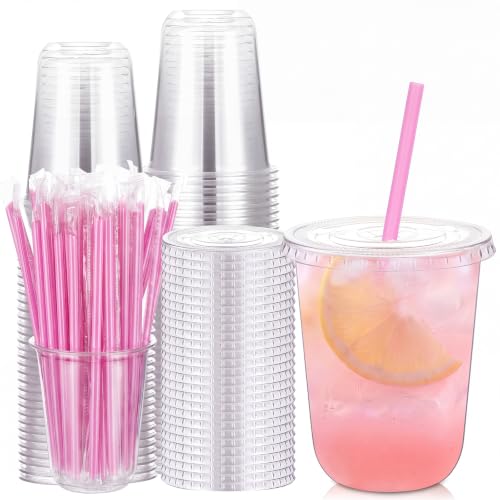 Ziliny 50 Pack 8 oz Plastic Cups with Lids Straws Iced Coffee, Pink - color: Pink, size: 8 oz