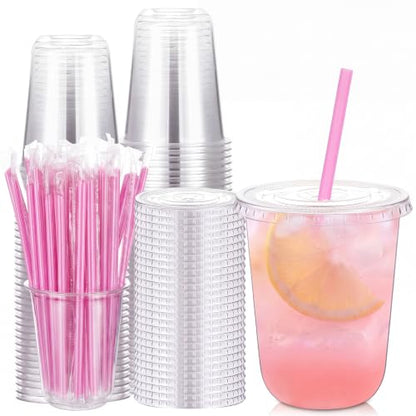 Ziliny 50 Pack 8 oz Plastic Cups with Lids Straws Iced Coffee, Pink - color: Pink, size: 8 oz