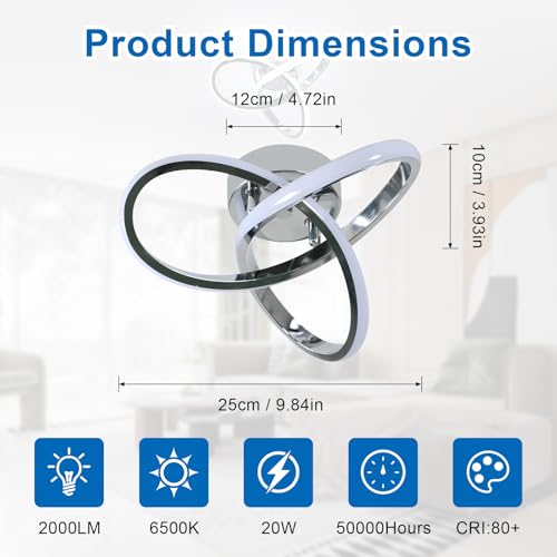 DELIPOP Modern Ceiling Light, 6500K Cool White Led Ceiling Light Fixture, Metal Curved Design Ceiling Lamp for Bedroom Hallway Bathroom Entryway Balcony Stair - color: Silver-6500K