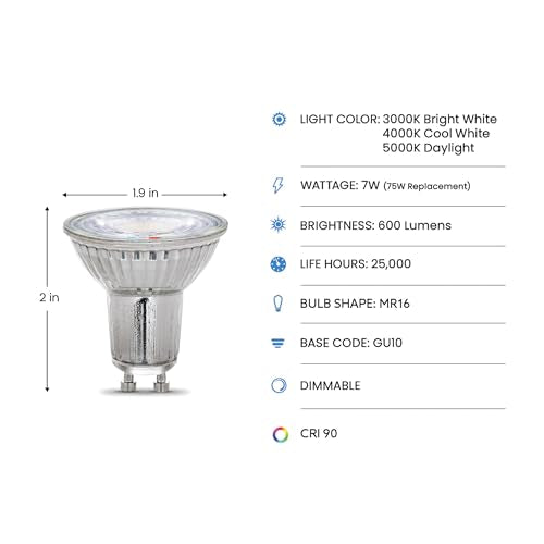 Feit Electric MR16 LED Reflector Light Bulb, 75W Equivalent, Dimmable, GU10 Base, 90+ CRI, 600 Lumen, Adjustable Color Temperature Track Lighting, 25,000-Hour Lifespan, BPMR16GU10753CCTCA/3, 3-Pack - style: 75-Watt + Adjustable White
