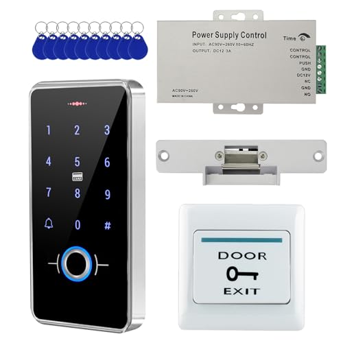 IP68 Waterproof Outdoor Fully Fingerprint Door Access Control System Kit – RFID Keypad Entry with NC Electric Strike Lock, 13.56MHz, DC12V Power Supply, Exit Button & 10 Key Fobs - style: F20-set-NC