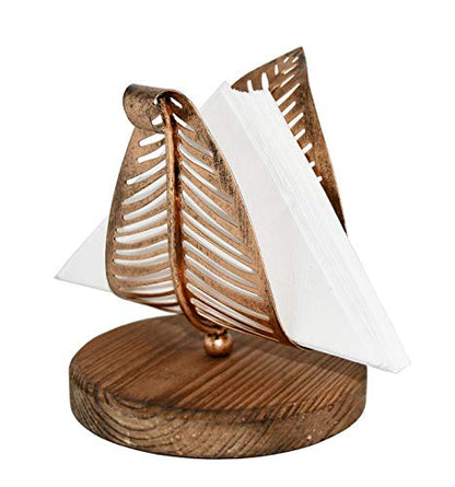 OwlGift Freestanding Modern Napkin Holder w/Bronze Metal Leaf & Brown Wooden Base Design, Tabletop Tissue Dispenser, Napkin Storage Organizer - color: Brown / Bronze