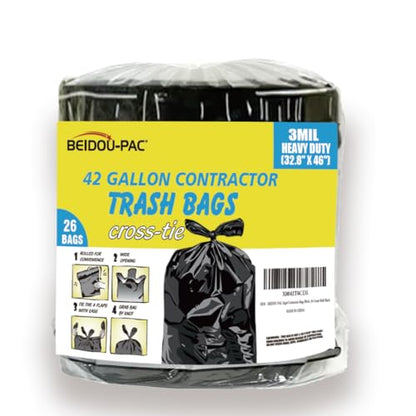 BEIDOU-PAC Contractor Heavy Duty Trash Bags 42 Gallon | 26 Count | 3 MIL | 32.8" X 46" | Large Black Flap Tie Construction Garbage Bags for Business Home Commercial, Industrial, Storage, Outdoor - style: 42 Gal Contractor Bag |76.2 Micron |26 Count