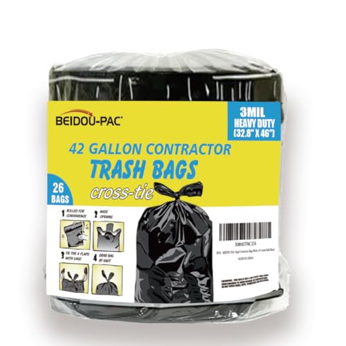 BEIDOU-PAC Contractor Heavy Duty Trash Bags 42 Gallon | 26 Count | 3 MIL | 32.8" X 46" | Large Black Flap Tie Construction Garbage Bags for Business Home Commercial, Industrial, Storage, Outdoor - style: 42 Gal Contractor Bag |76.2 Micron |26 Count