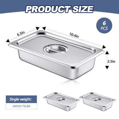 Mifoci Stainless Steam Table Pan with Lid, 2.5 Inch Deep, 6 Sets, 1/4 Size - size: 1/4 Size