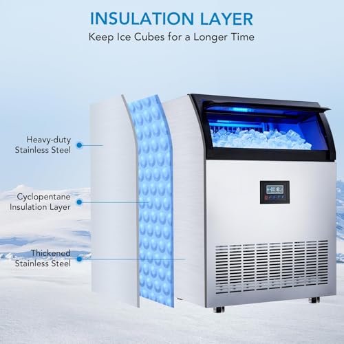 Commercial Ice Maker – 250 Lbs/24h Production, 60 Lbs Storage Bin, 50 Cubes Per 15 Minutes, Adjustable Thickness, Built-in/Freestanding, Self-Cleaning, ETL Certified – for Home, Bar, Restaurant