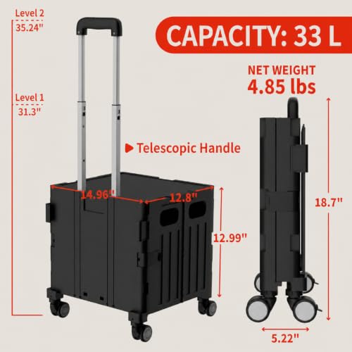 Foldable Shopping Cart with Wheels: Small Rolling Utility Crate - color: Black(s)