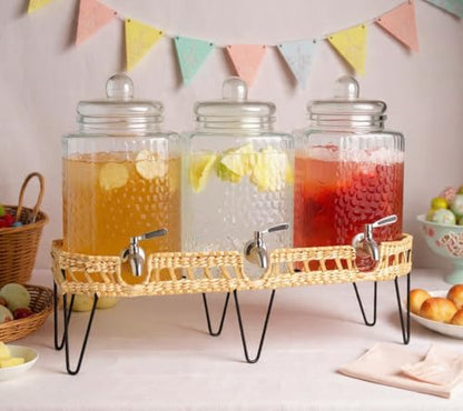 1.5 Gallon Glass Drink Dispenser for Parties 3 PACK Beverage Dispensers with Stand, Glass Water Jug Dispenser, with 18/8 Stainless Steel Spigot, Great for Party, Wedding, Picnic, BBQ Wicker Design - color: Clear - 1.5 Gallon 3 Pack