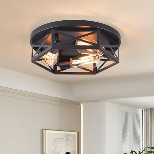 Black Flush Mount Ceiling Light,Hallway Light Ceiling Mount,Industrial Vintage Metal Cage Close to Ceiling Lights for Kitchen,Farmhouse,Bedroom - color: 3 circular ceiling lights, size: 1 PACK
