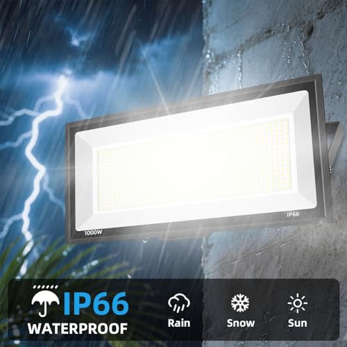 2 Pack 1000W LED Flood Light Outdoor,95000LM 6500K Daylight White Exterior Security FloodLight with Plug, IP66 Waterproof Commercial Lighting for Sports Fields,Parking Lots,Courts,Arena,Stadium - size: 1000w-2pack