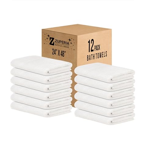 ZUPERIA White Bath Towels Bulk 12 Pack (24 x 48 Inches) - 100% Cotton Economy Light Weight Towels for Commercial Use - Quick Dry, Ultra-Soft, and Absorbent Bulk Towels - size: 24"x48" - Pack of 12